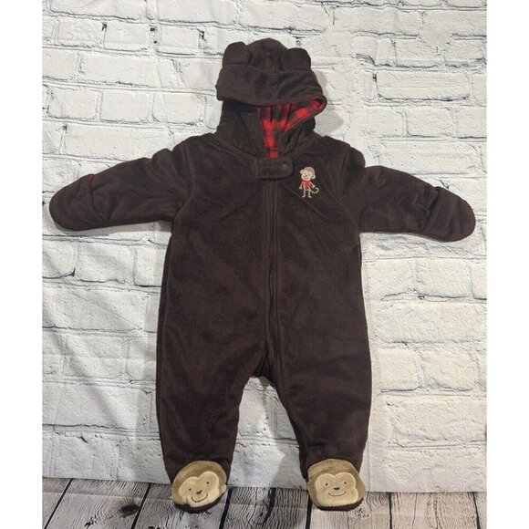 Baby Boy Clothes Just One Carter's 3 Month Brown Velour Monkey Winter Snowsuit - Picture 1 of 9